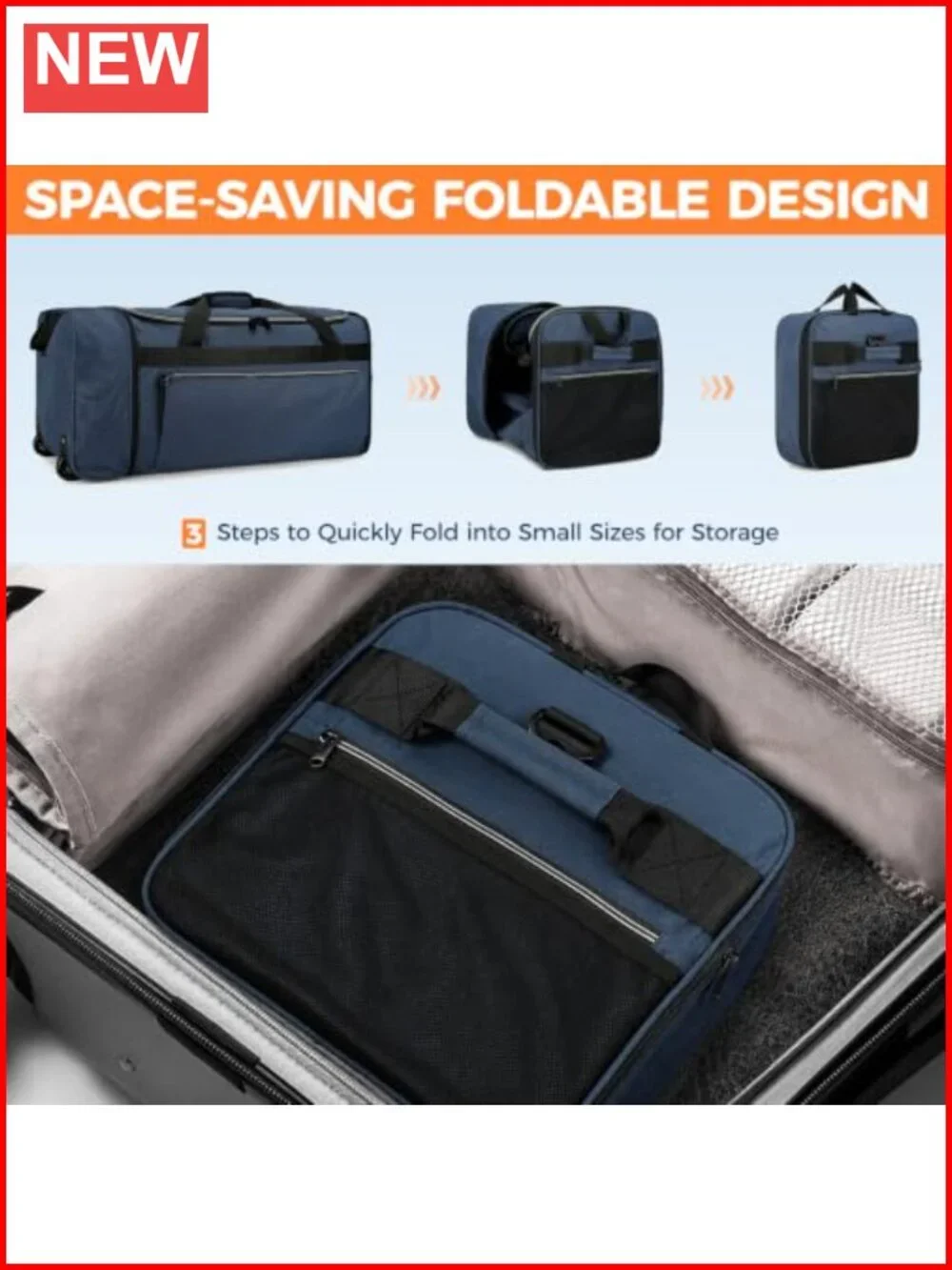 70L Foldable Rolling Duffle Bag with Wheels, Water Resistant Travel Duffel